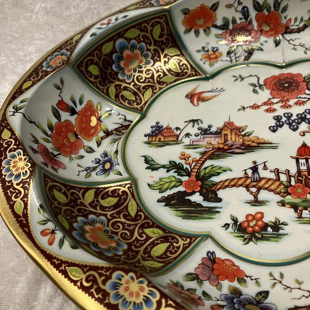 Daher Decorated Ware Tin Bowl Large Oval 13” Gold Floral Scenic 1971 England VTG